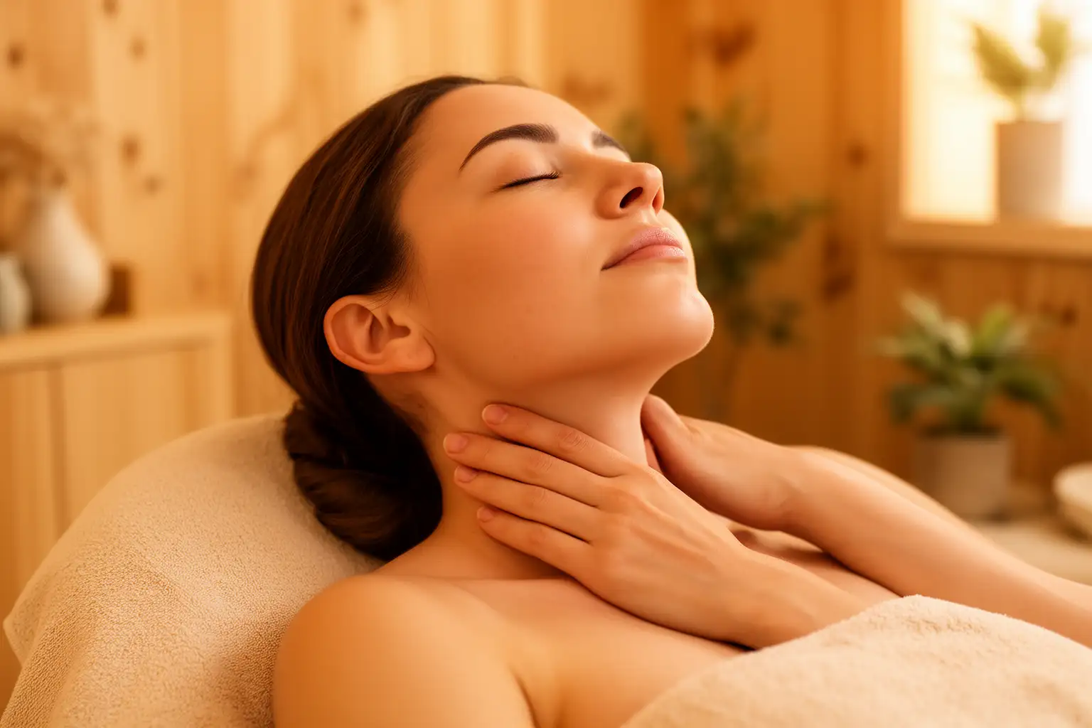 Eine entspannte Frau mit geschlossenen Augen berührt sanft ihren Hals in einer warmen Spa-Umgebung